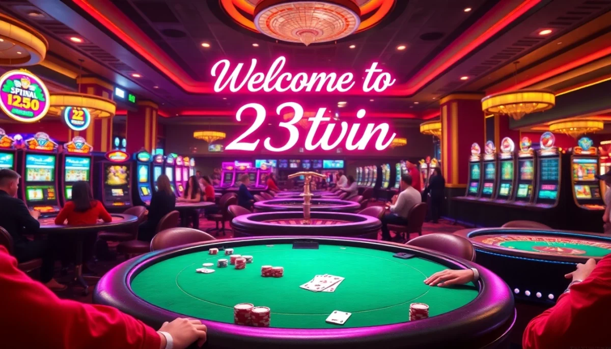 Experience the thrill of online gambling at 23win with vibrant casino tables and slot machines.