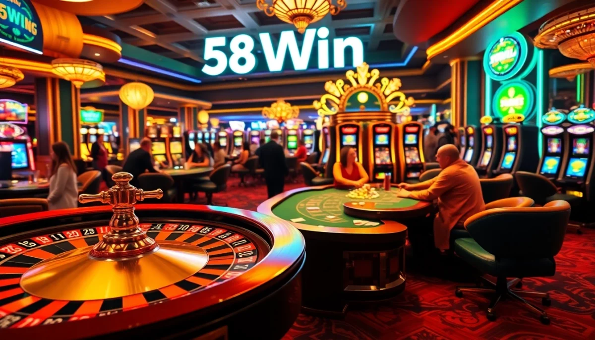 Players enjoying high-stakes games at 58Win's vibrant casino, showcasing excitement at roulette and poker tables.