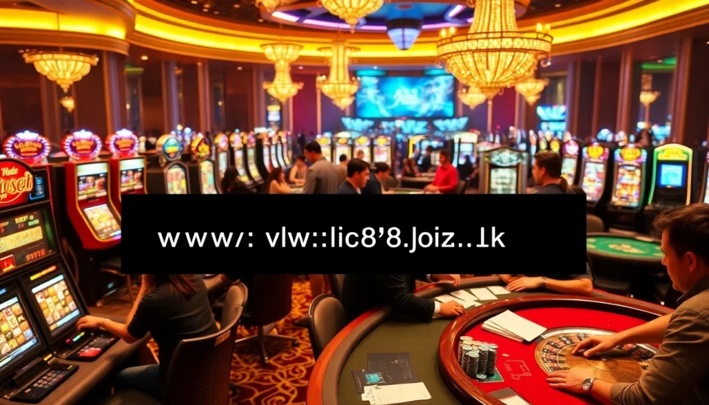A lively casino backdrop featuring diverse players engaged in games, highlighting https://vic88.black/ promotions and excitement.