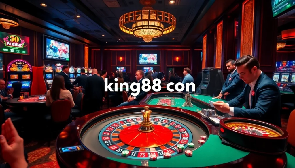 Experience the thrill of king88 com vina at a lively casino, featuring roulette tables, colorful chips, and excited players.