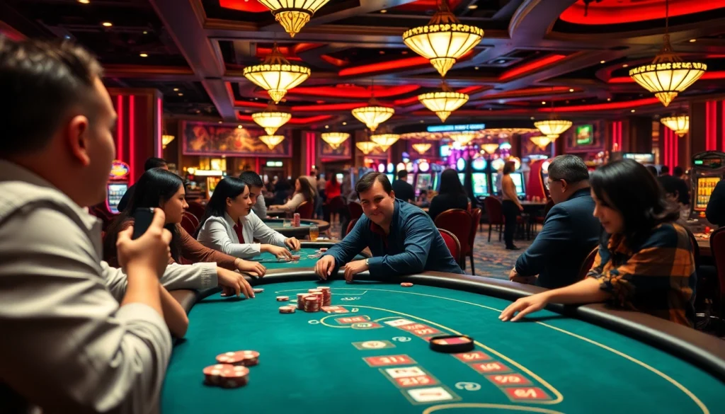 688v Casino scene featuring players at a high-stakes poker table amidst vibrant gaming ambiance.