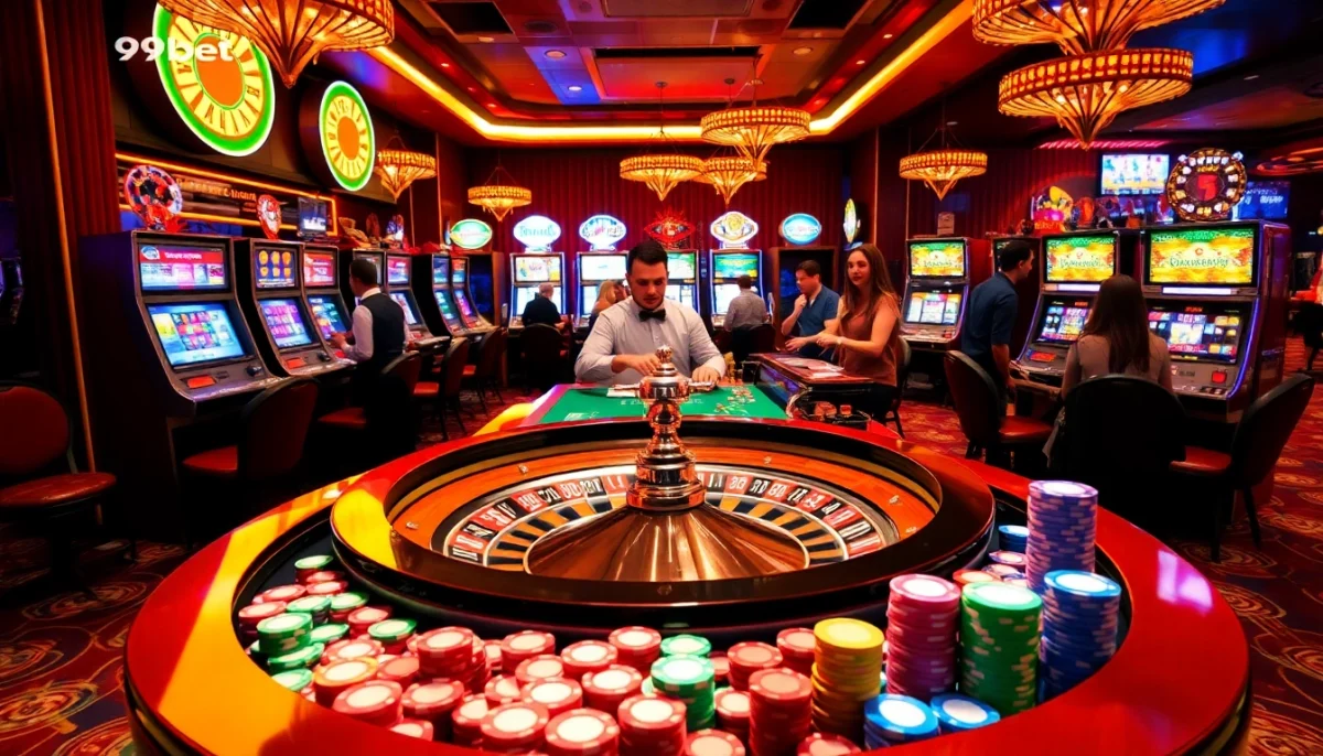 89bet offers an exhilarating casino experience with players at a roulette table surrounded by vivid slot machines.