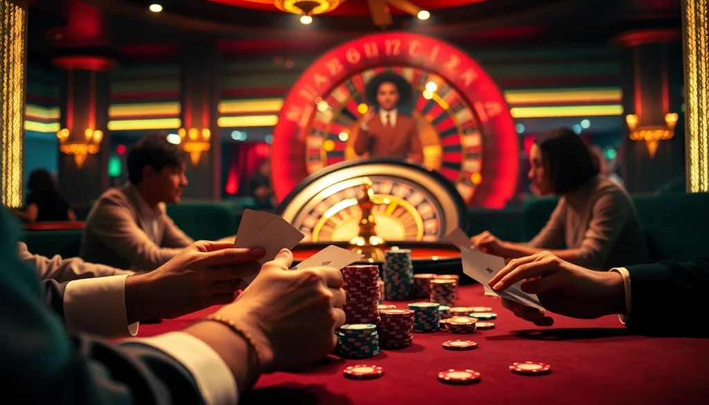 Experience the thrill of e28 at a vibrant casino poker table with players engaged in strategic decisions.