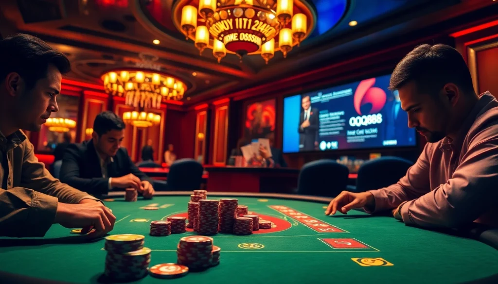 Experience the high-stakes intensity of QQQ88 poker gameplay in a luxurious casino environment.