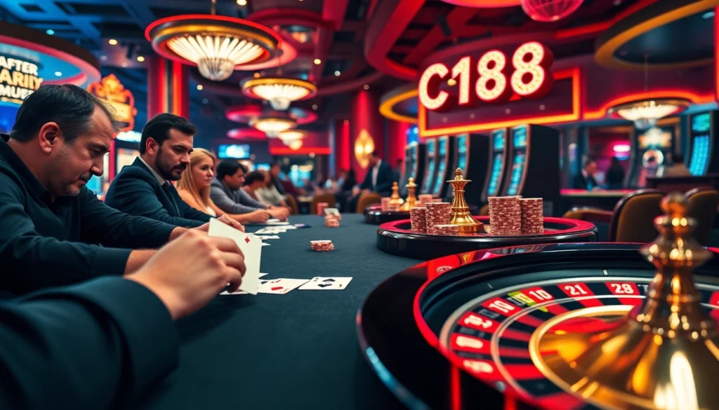 Experience the excitement of a C168 poker table with high stakes and intense player strategy in a luxurious casino setting.