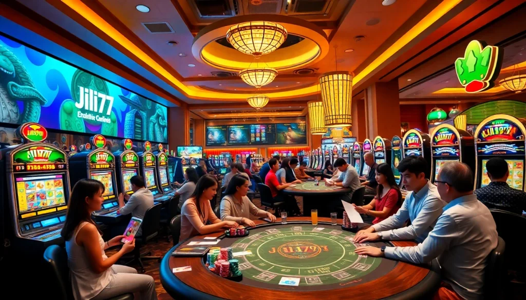 Experience the thrill of Jili777 with players engaged in dynamic online casino games and vibrant slot machines.