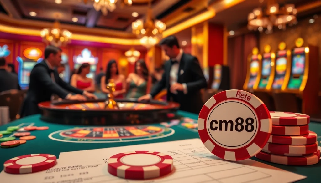 Casino scene featuring exciting roulette gameplay and chips marked cm88, highlighting the thrill of gambling.