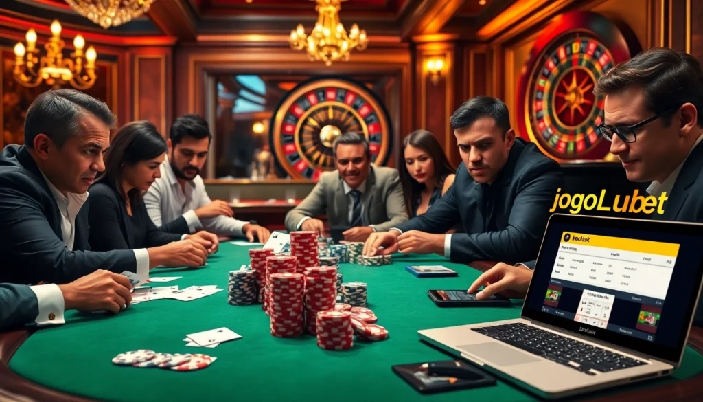 Engaged players at a poker table in a lively casino scene showcasing https://jogoluck.bet/ for the ultimate online betting experience.