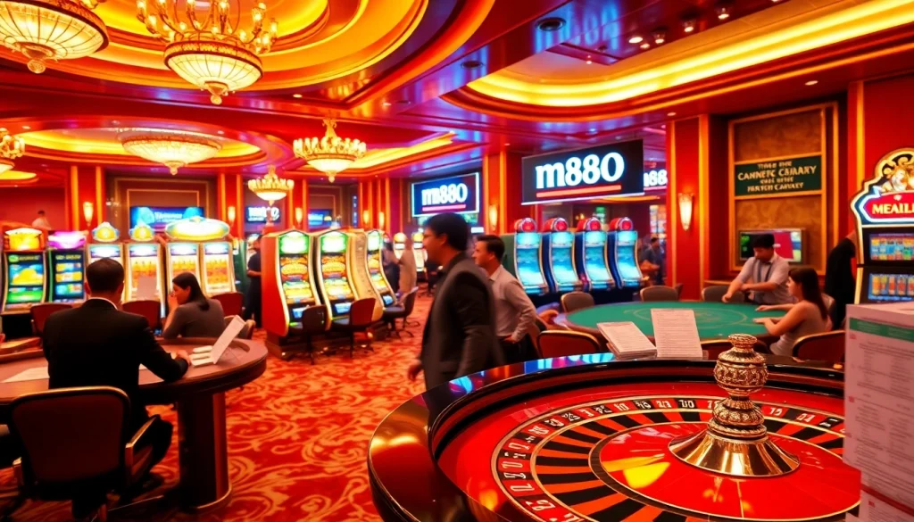 A thrilling scene from a casino with players enjoying games and the website https://m88zo.com prominently featured amidst the excitement.