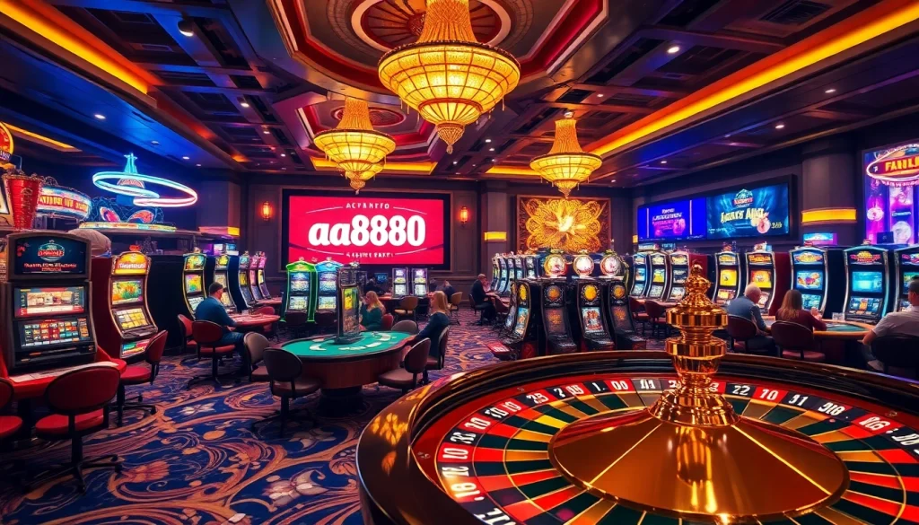 Experience the thrill of aa888 casino gaming with vibrant table setups and lively slot machines.