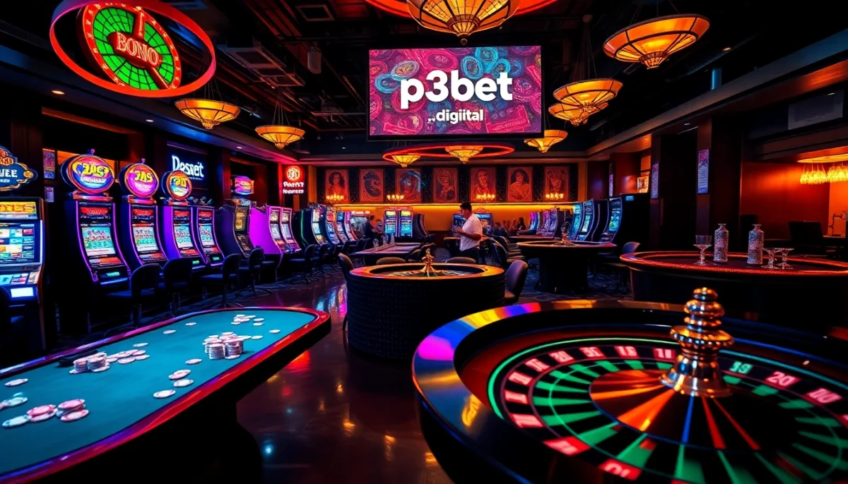 Experience thrilling games at https://p3bet.digital/ with vibrant casino tables, glowing machines, and enthusiastic players.