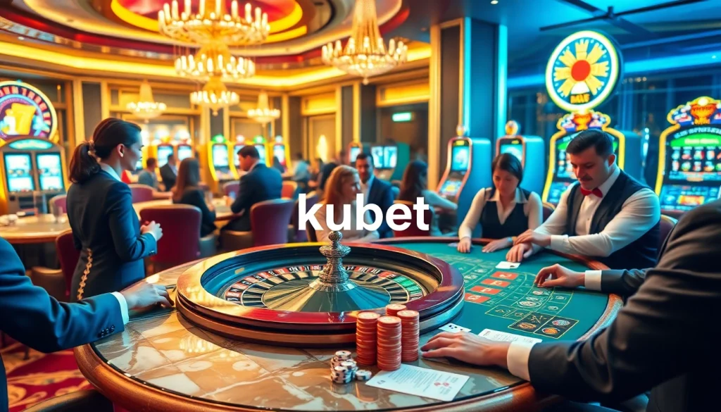 Kubet players celebrating a win at a vibrant casino table with cards and chips.