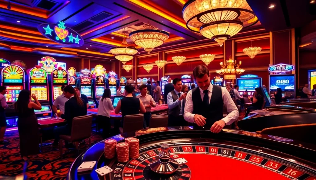 Players enjoying thrilling games at a casino inspired by https://mm88pro.cn.com, featuring vibrant slots and roulette excitement.
