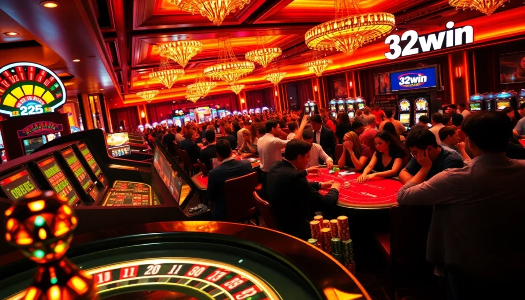 Players at a vibrant casino engage in high-stakes gaming at 32win, with poker chips and roulette visible.