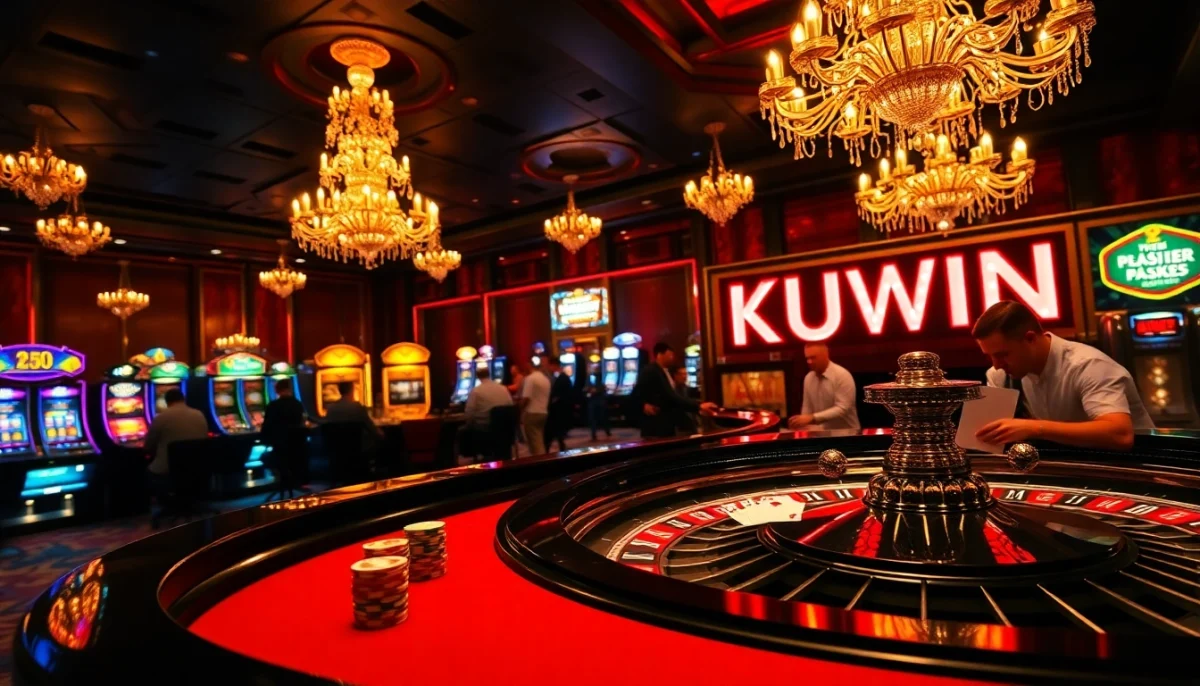 Exciting casino scene with players at a roulette table featuring KUWIN branding.