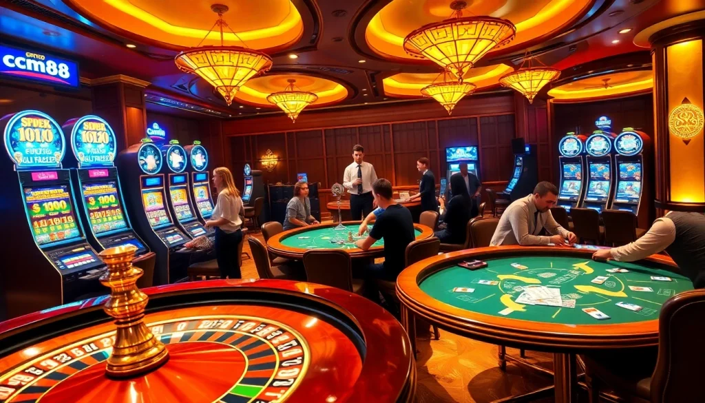 Experience cm88's vibrant casino scene featuring players at poker tables and a spinning roulette wheel.