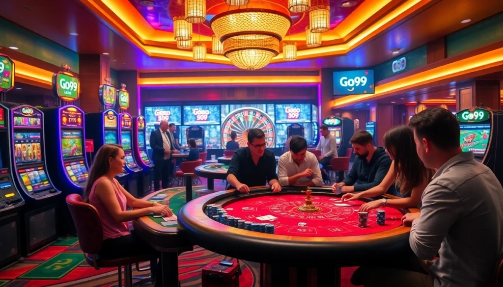 Go99 Casino: Players enjoying high-stakes poker at vibrant slot machines.