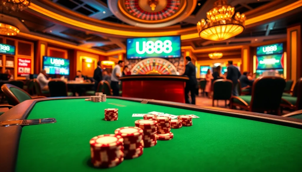 U888 casino scene featuring poker action, vibrant lighting, and thrill of gambling.