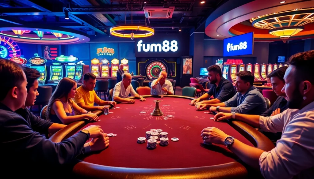 Experience fun88 with a thrilling poker game at an upscale casino table, vibrant lights, and exciting players.