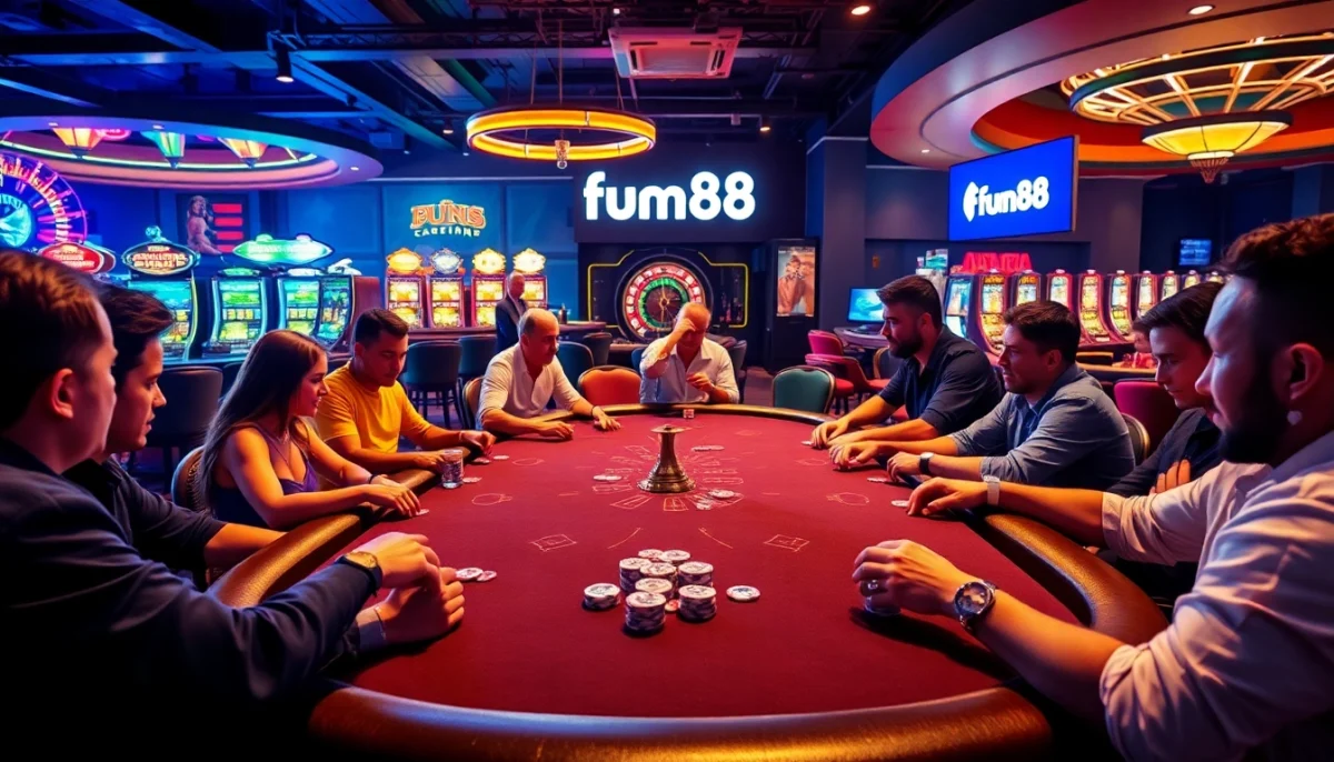 Experience fun88 with a thrilling poker game at an upscale casino table, vibrant lights, and exciting players.